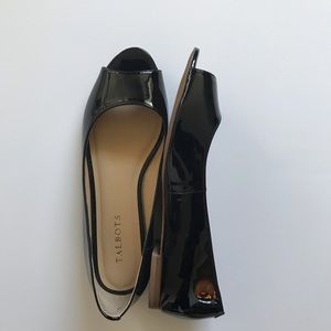 Talbots black patent leather peep toe flats
